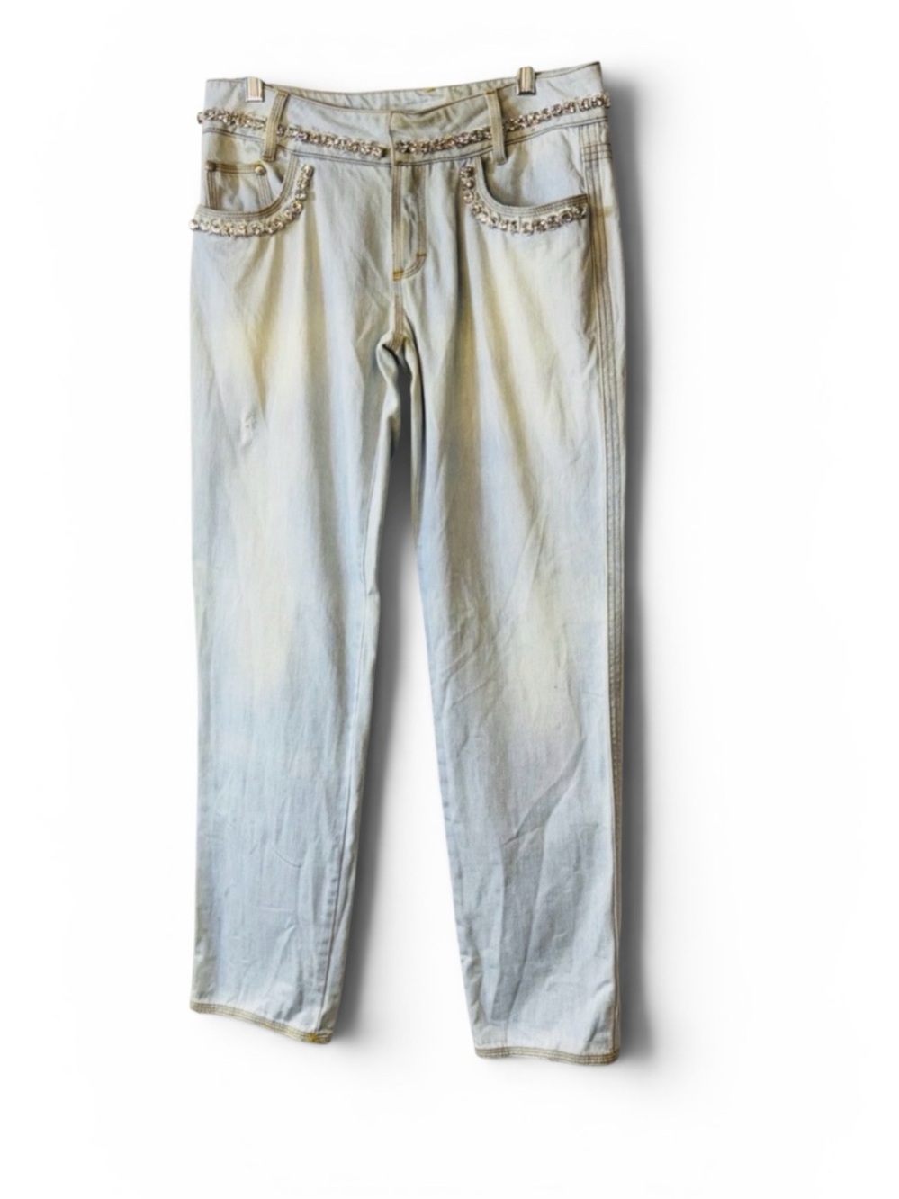 Y2K Blumarine Crystal Studded Acid Wash Distressed Jeans R-9” I-30” Size I44/D38